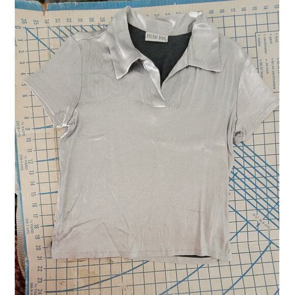 Anchor‎ Blue Shimmery Gray Stretchy Short Sleeve Blouse Top Cybercore - Picture 5 of 9